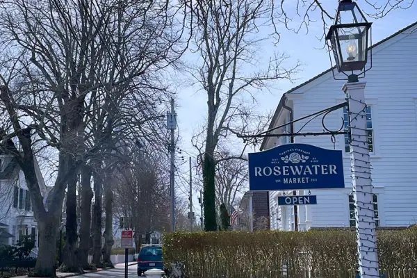 Rosewater Market sign on a quiet street