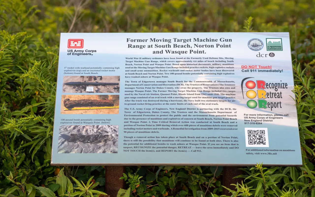 Army Corps of Engineers sign at South Beach about wartime ordnance at South Beach, Norton Point and Wasque
