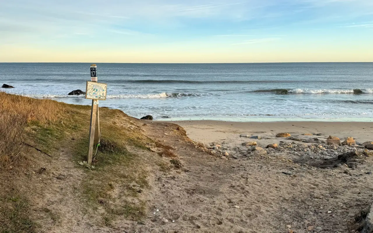 Path with a small sign leading down to Squibnocket Beach in Chilmark