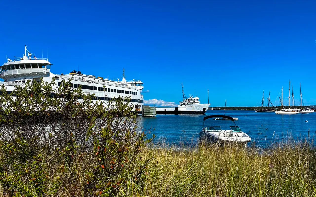 Steamship Authority ferry docked at the Vineyard Haven terminal in summer