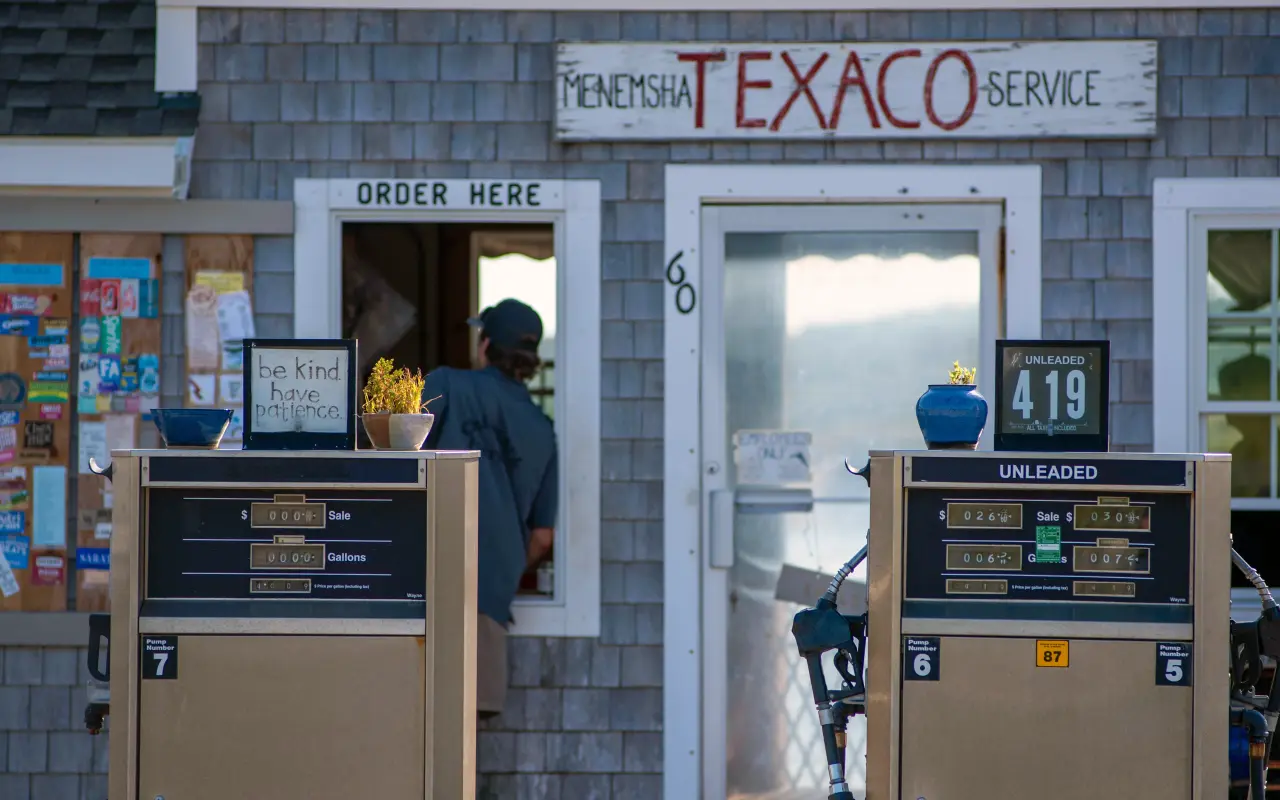 The Menemsha Texaco station with its order window and gas pumps