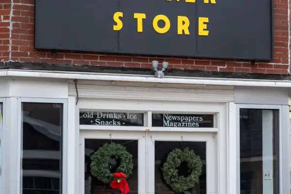 Holiday wreaths on the Corner Store entrance