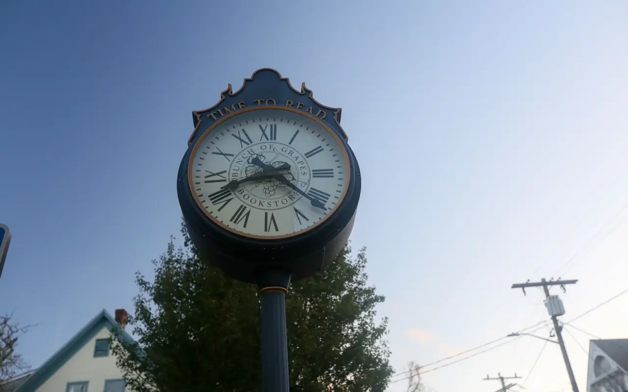 Ornate black street clock with a white face on Main Street in Vineyard Haven