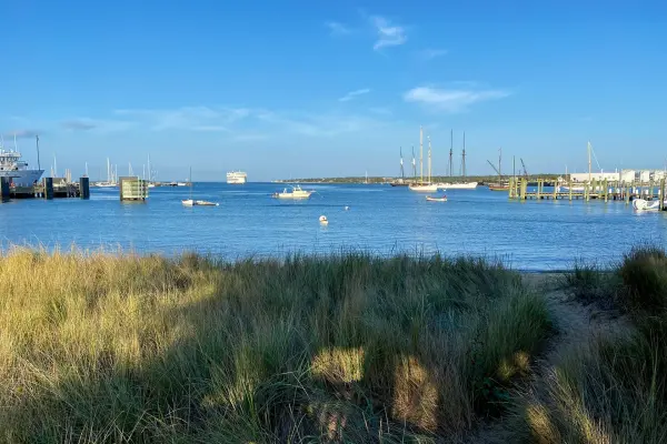 Vineyard Haven Harbor from the dunes with ferry in distance