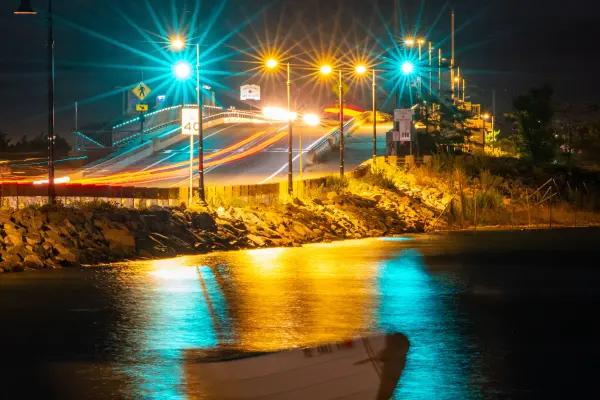 Long exposure of nighttime lights reflecting on Vineyard Haven harbor