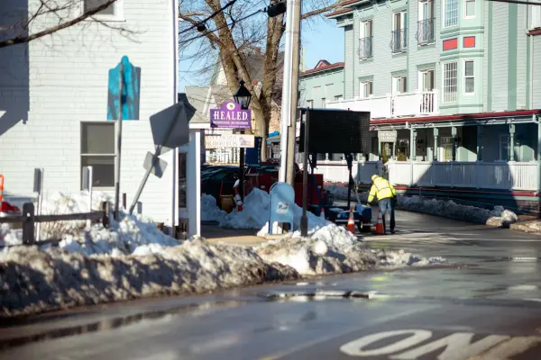 Snowbanks along Main Street sidewalks in Vineyard Haven