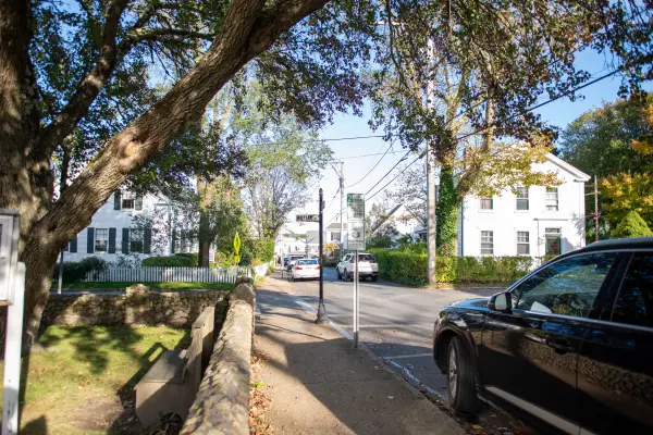 Historic white houses along a Vineyard Haven street