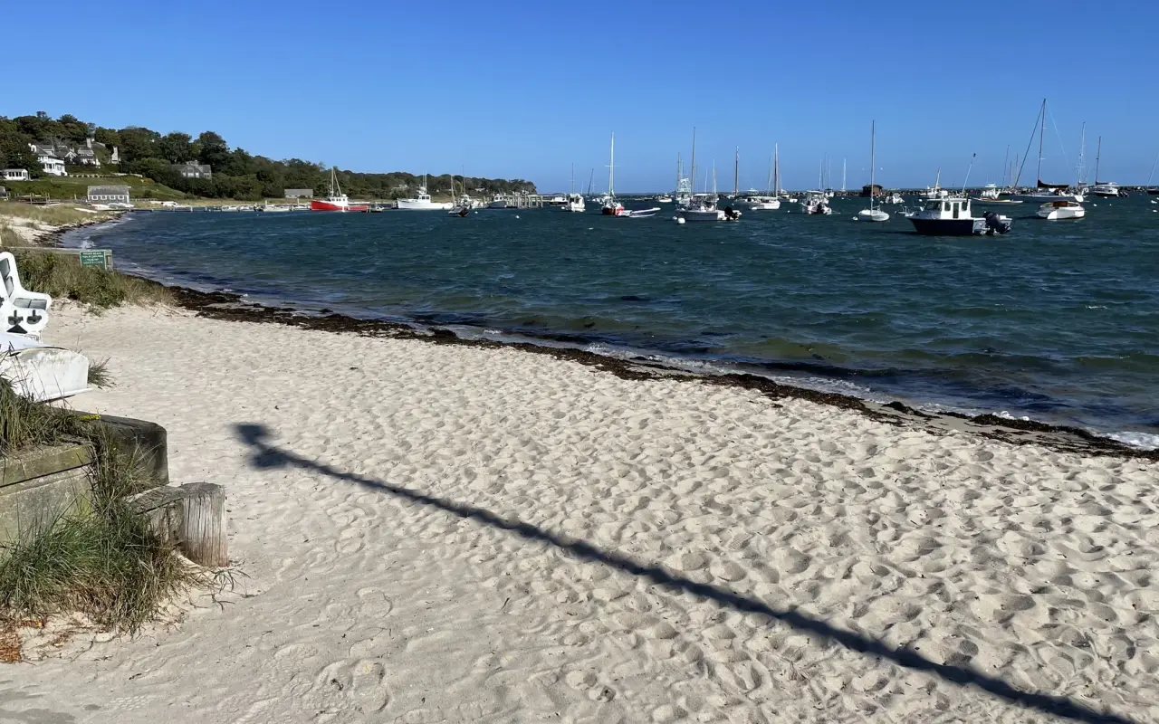 Sandy town beach on Vineyard Haven harbor with boats moored beyond