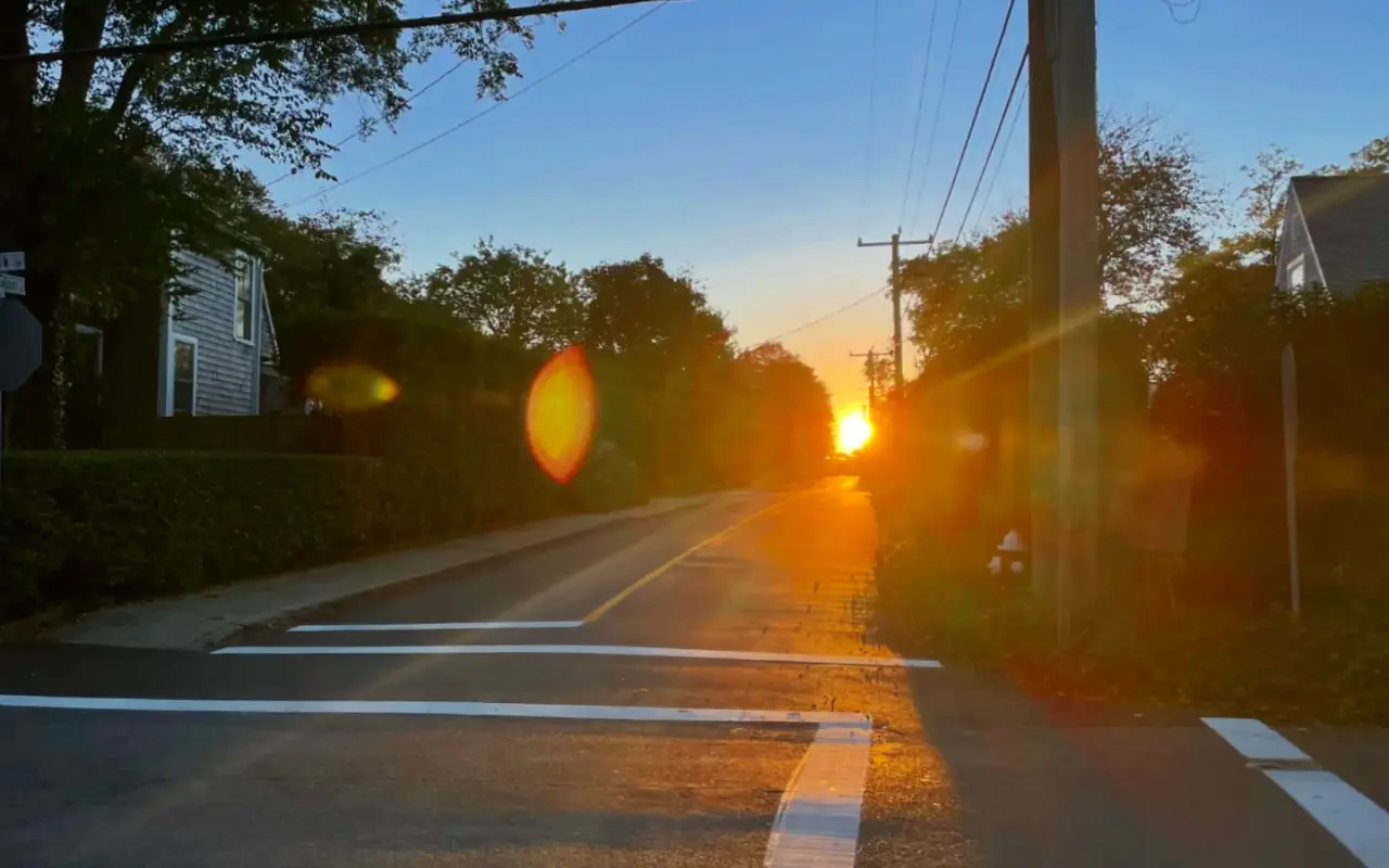 Sunrise at the end of an empty side street in Vineyard Haven