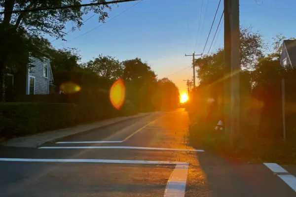 Sunrise at the end of a Vineyard Haven street
