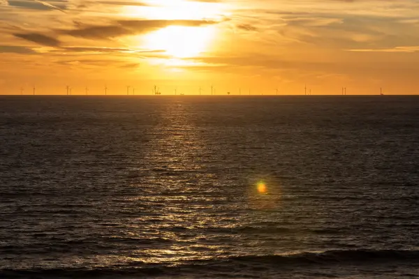 Low sun over the ocean, a row of offshore wind turbines on the horizon