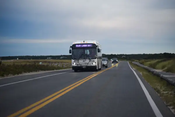 The VTA bus flashing Enjoy Labor Day along the beach road.