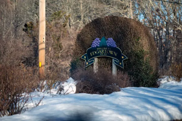 The Welcome to Edgartown sign after a snowfall