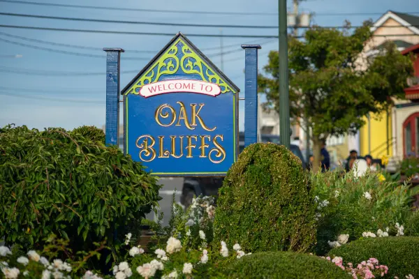 Welcome to Oak Bluffs sign surrounded by flowers