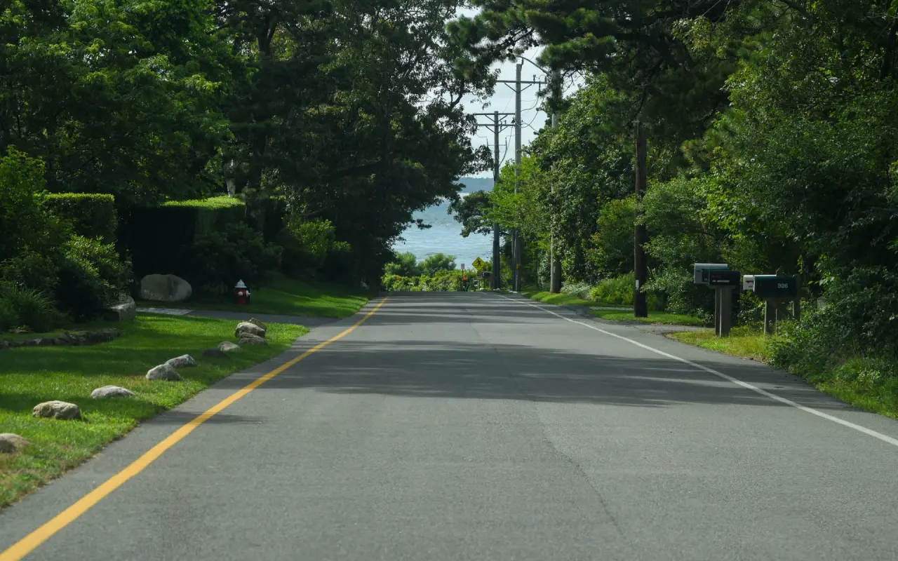 A road ending at the water at West Chop with the Sound ahead
