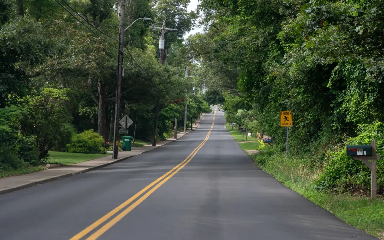 A tree-lined two-lane road toward West Chop in Vineyard Haven