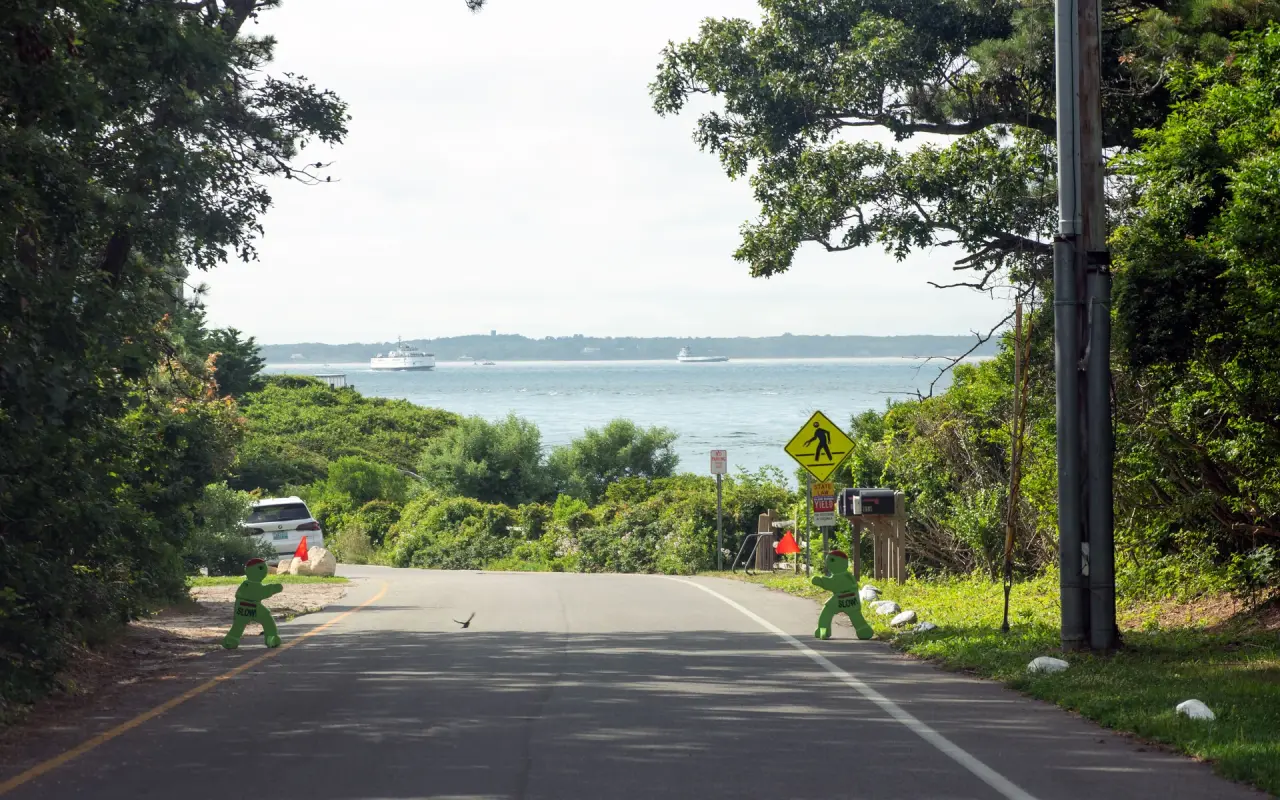 A cyclist riding along a road beside the water at West Chop