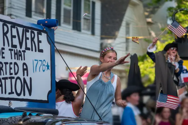 The Paul Revere float making its way through downtown Edgartown on the Fourth of July