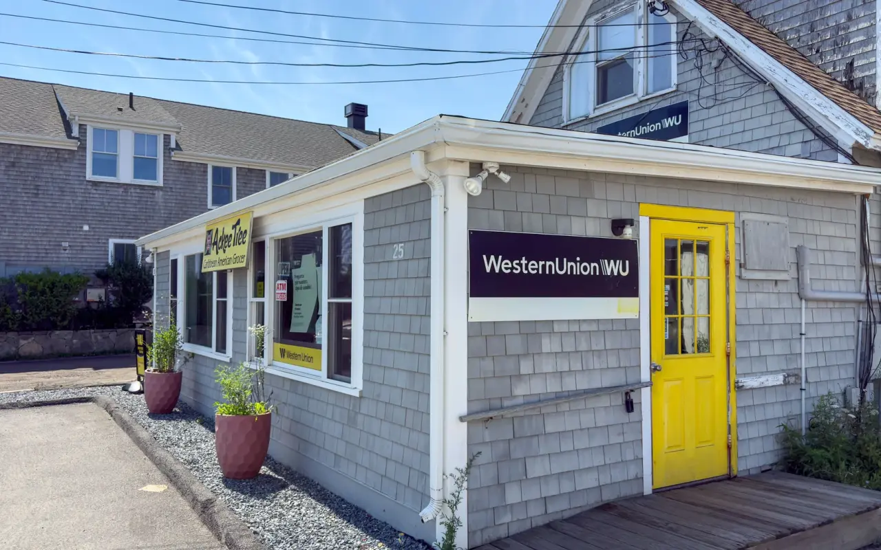 Ackee Tree Caribbean American Grocer shop with yellow door in Vineyard Haven