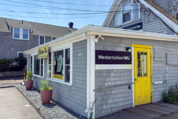 The Ackee Tree Caribbean grocer on Beach Road, patties and plantains behind the yellow door.