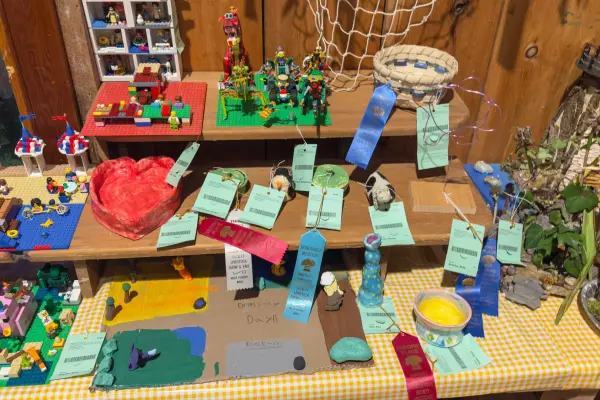Lego builds and clay sculptures in the junior craft exhibits