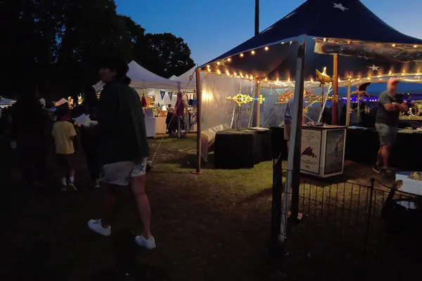 Weathervanes under string lights at the fair