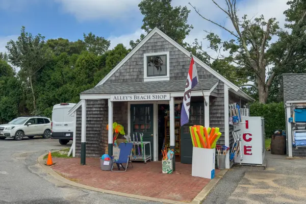 Alley's Beach Shop stocked with noodles, beach chairs and ice beside the general store