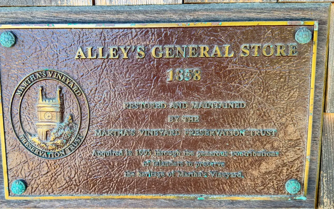 Bronze 1858 plaque on Alley's General Store in West Tisbury