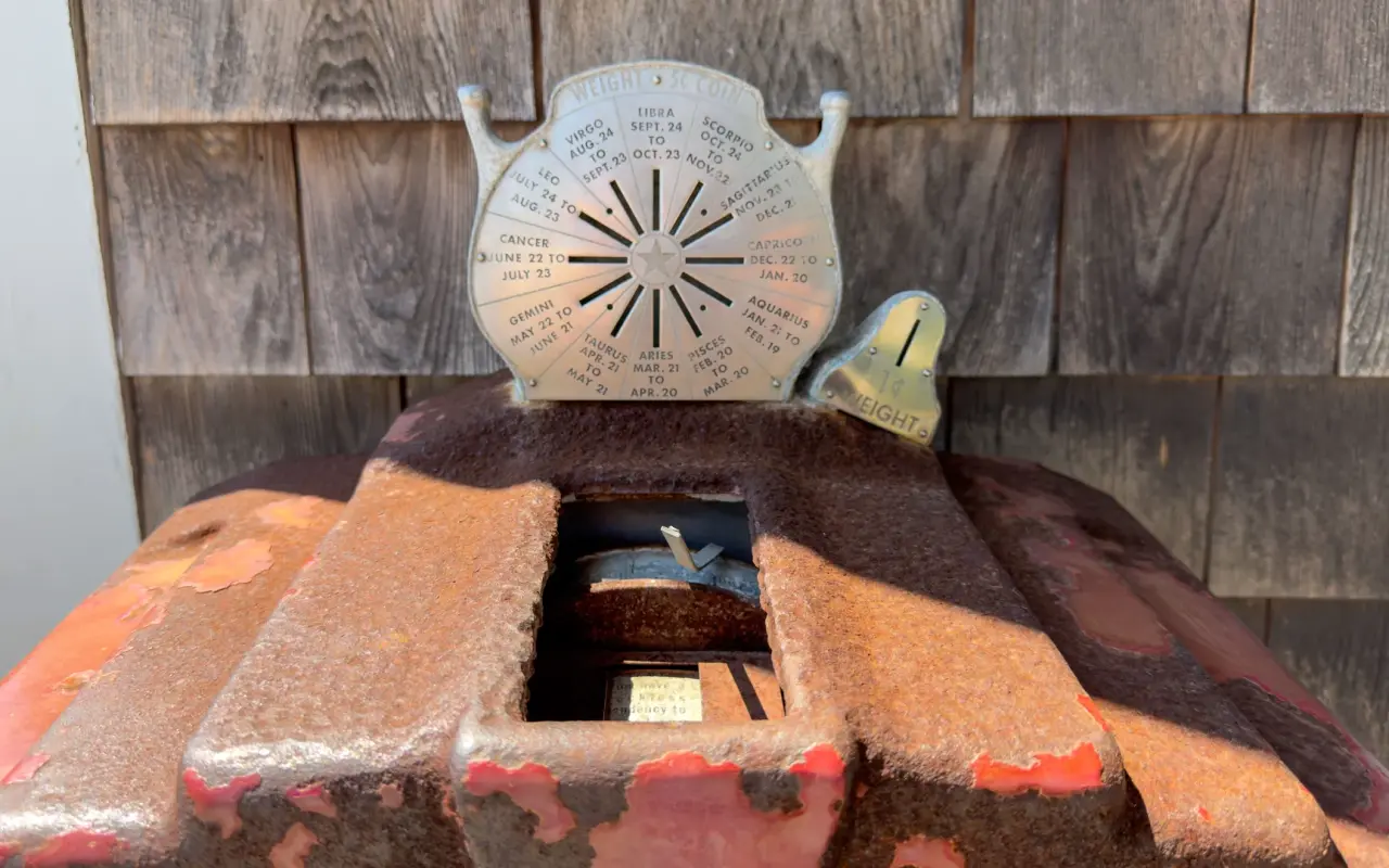The vintage weight and horoscope scale outside Alleys General Store