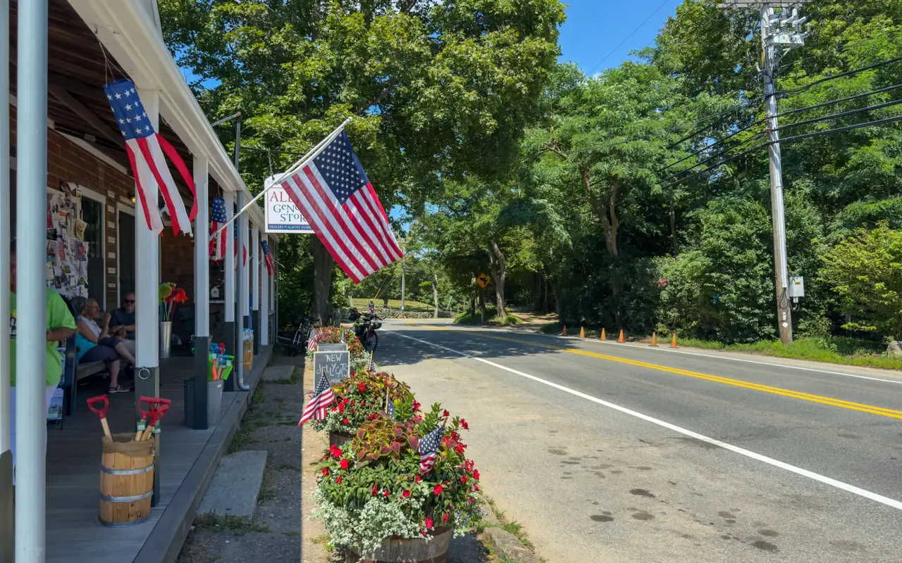 The porch of Alleys General Store in West Tisbury