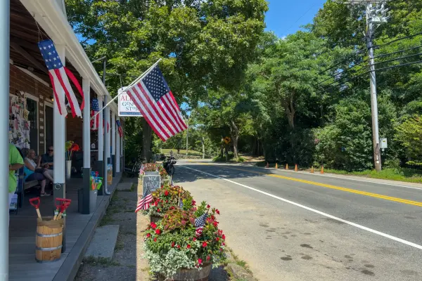 Flags out for summer along the porch of Alley's General Store on State Road