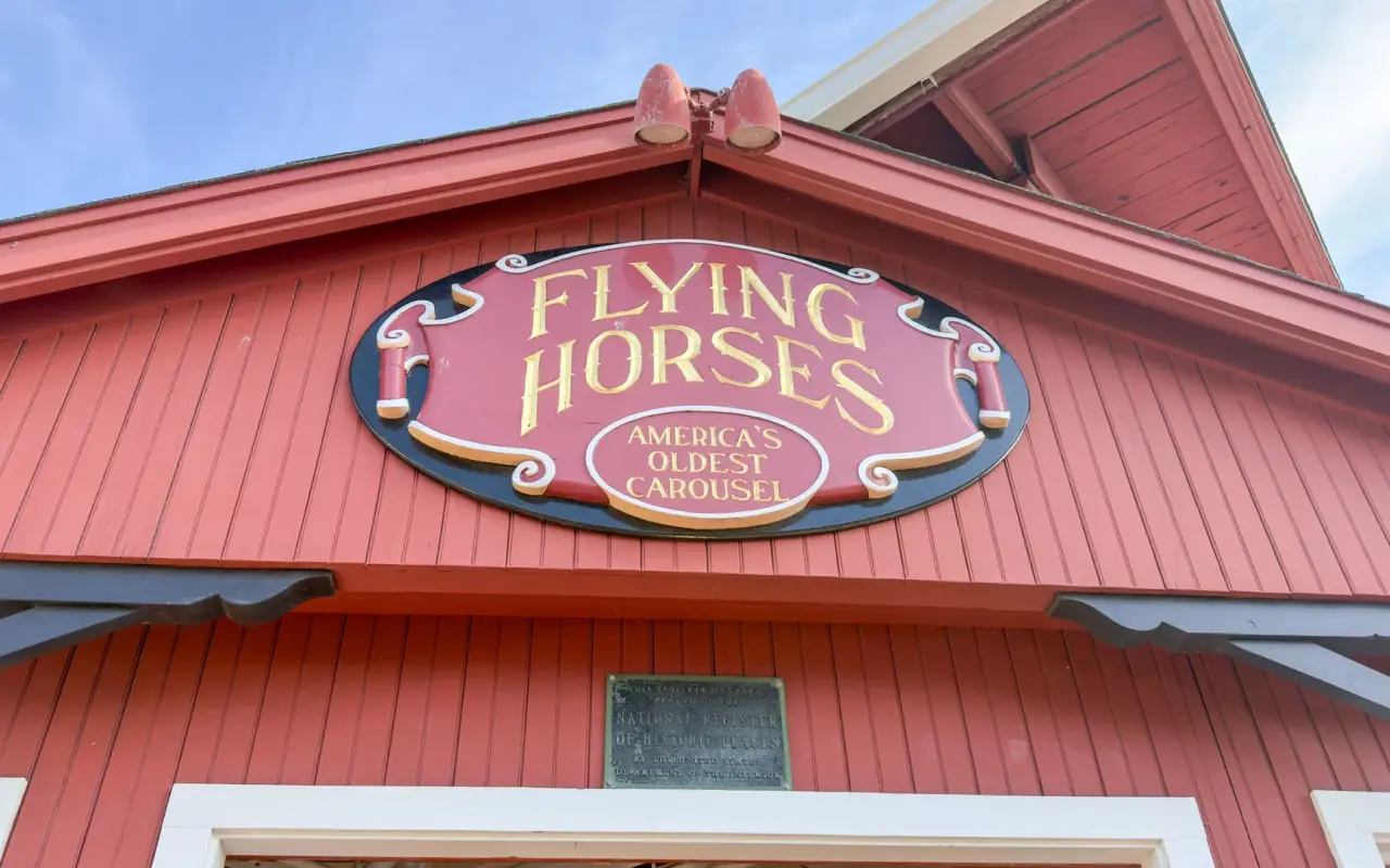 Flying Horses America’s Oldest Carousel sign on the red building in Oak Bluffs
