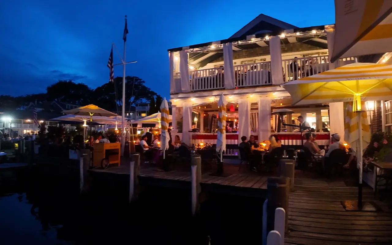 The Atlantic restaurant on the Edgartown waterfront at dusk