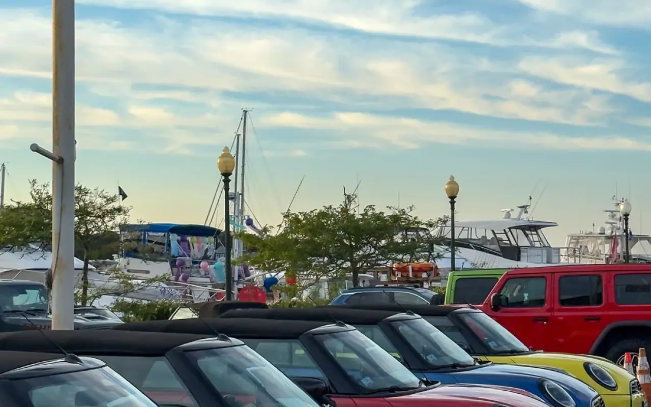 Rental cars lined up near the Oak Bluffs harbor
