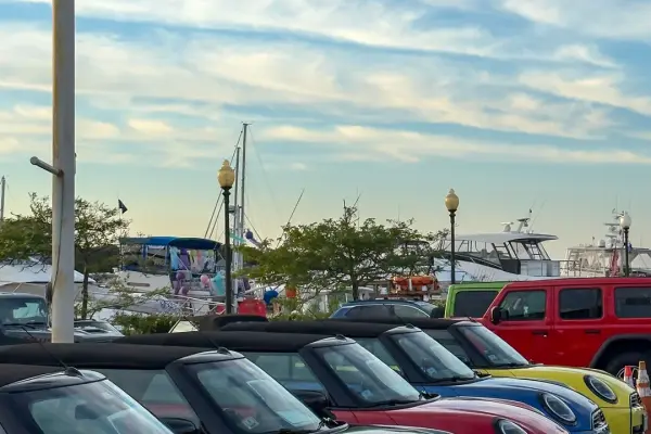The rental lot by the harbor, Minis and Jeeps ready for up-island days