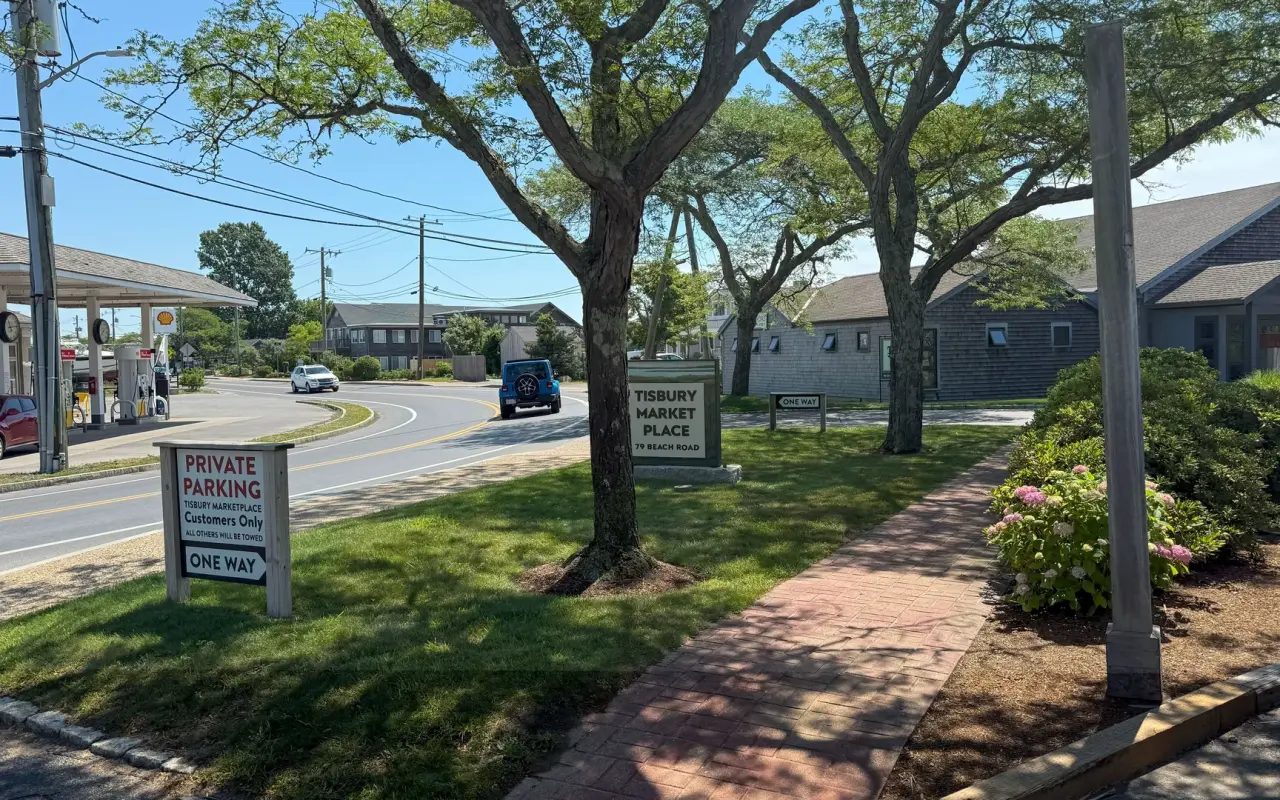 Tisbury Market Place sign beside Beach Road in Vineyard Haven