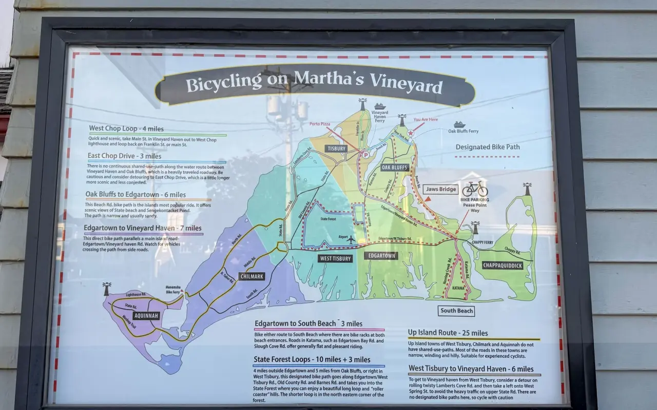 Bicycling on Marthas Vineyard route map showing loops and mileages across the island