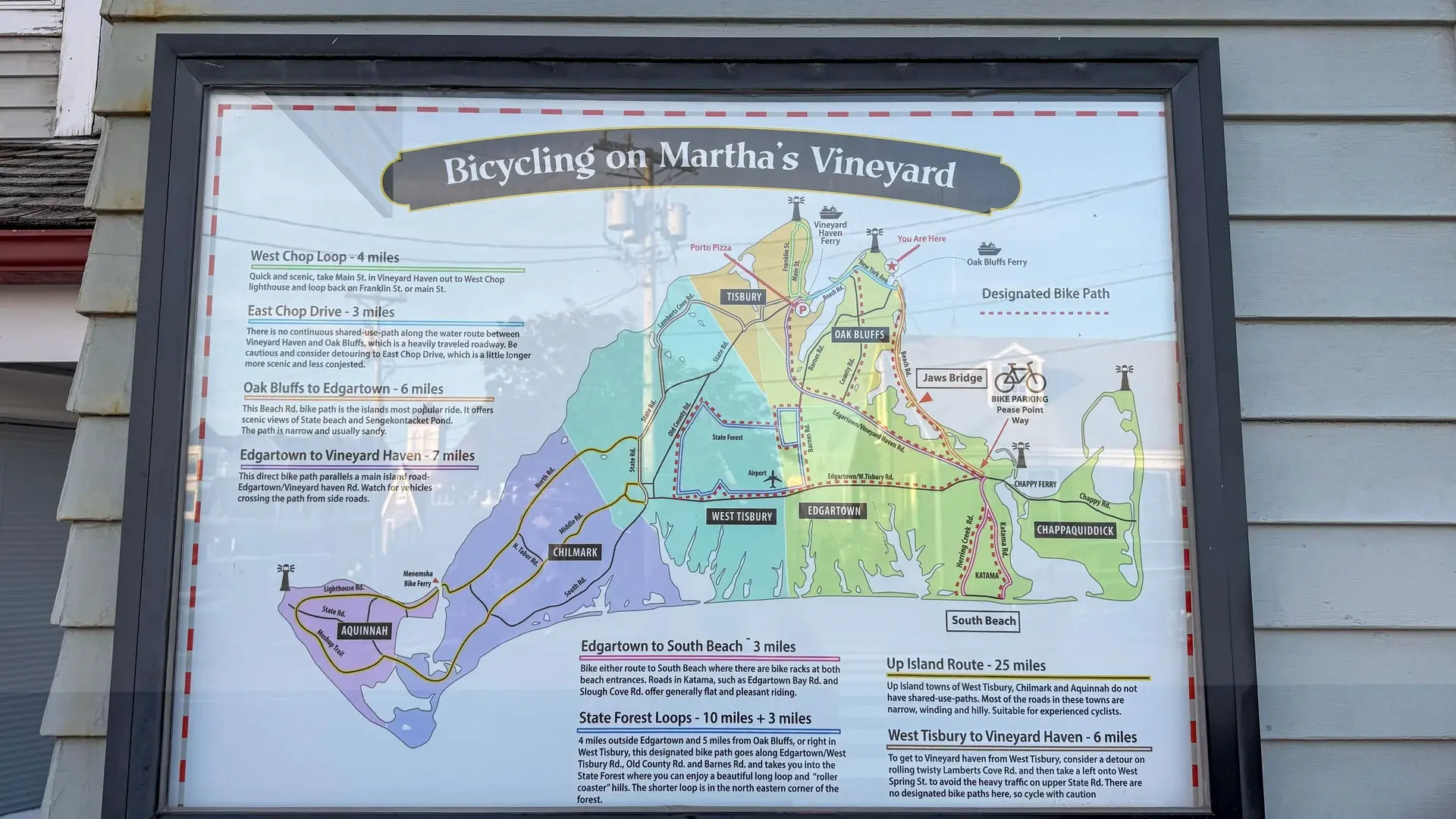 Island bike route map with mileage between towns