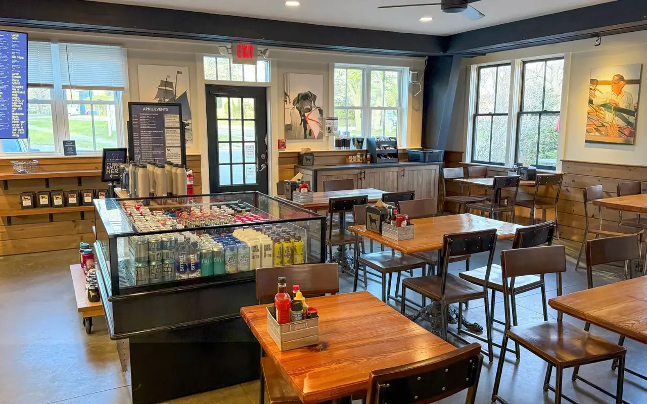 The counter and tables inside the Black Dog Bakery Cafe in Vineyard Haven