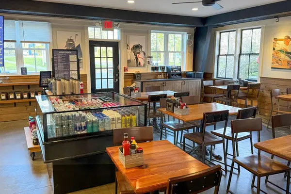 Inside the Black Dog Bakery Cafe in Vineyard Haven, counter and tables