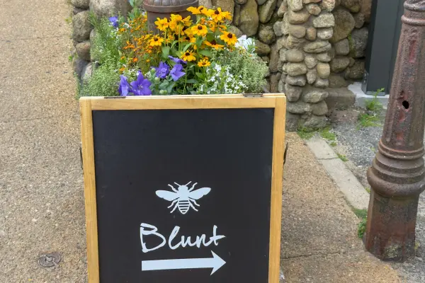 The Blunt sandwich board with its bee