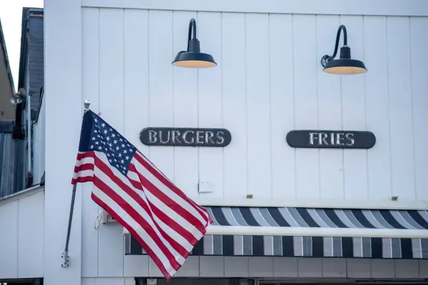 Burgers and fries signs on a summer afternoon
