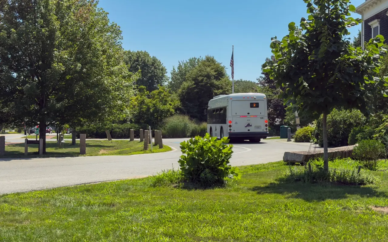 VTA Route 2 bus passing the West Tisbury Town Hall green