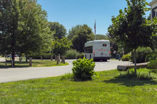 The Route 2 VTA bus passing West Tisbury Town Hall.