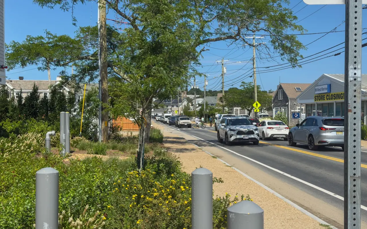 Line of cars on Beach Road in Vineyard Haven on a summer day