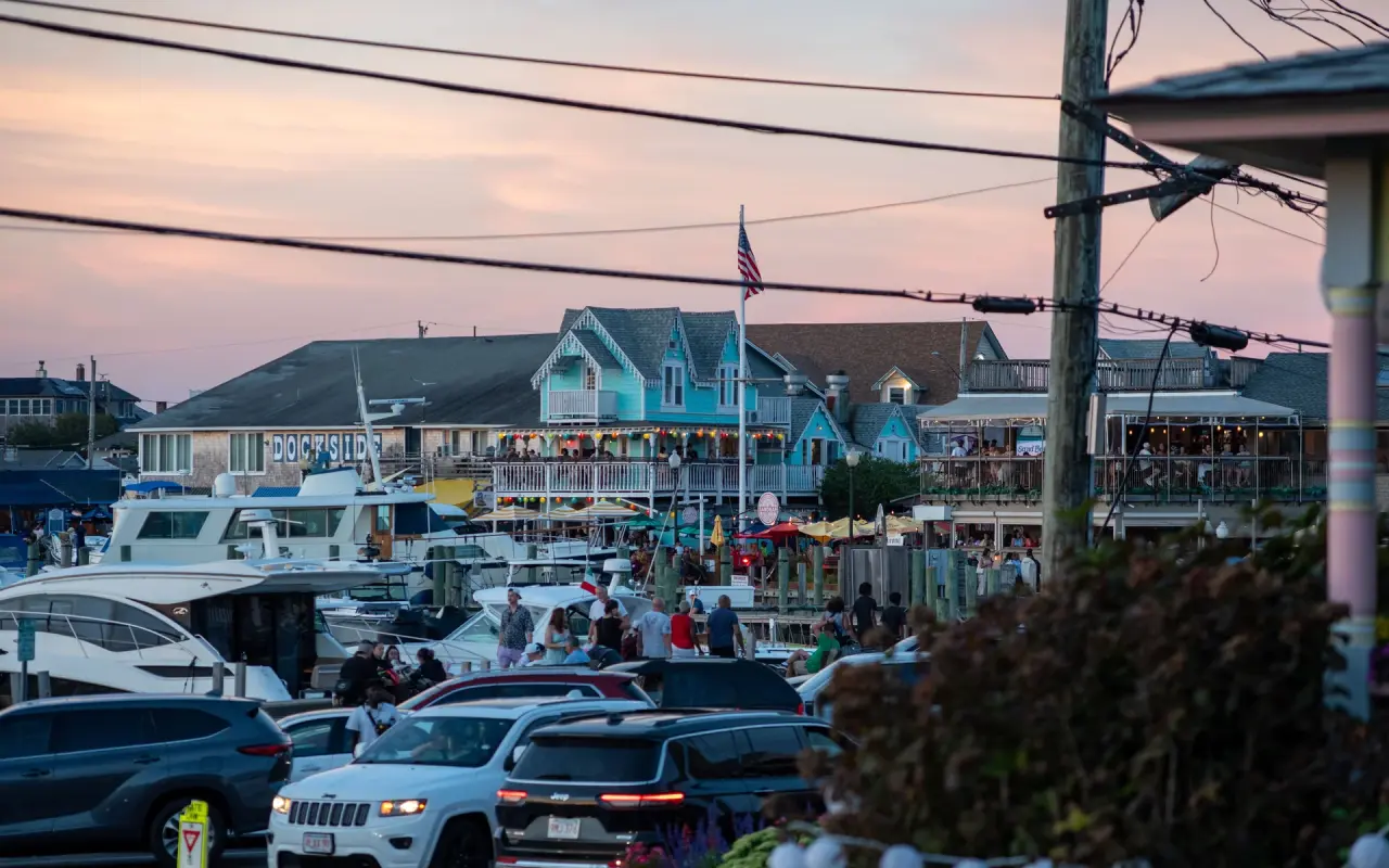 Busy dockside restaurants around Oak Bluffs harbor on Martha's Vineyard