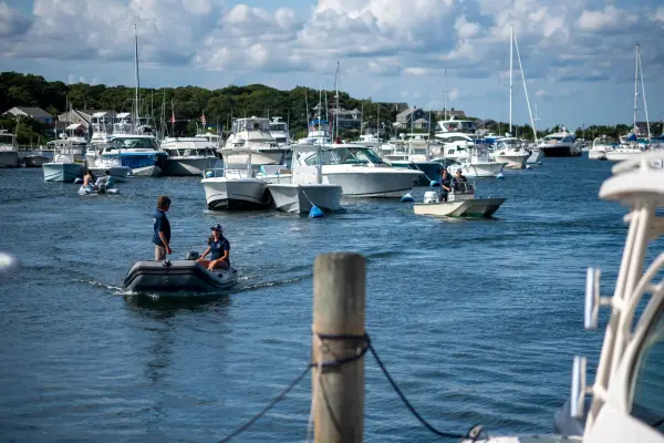 Oak Bluffs harbor at full capacity, dinghies weaving between the moorings