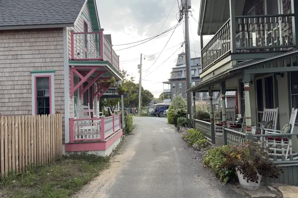 A Campground lane, pink trim on one side, sage on the other, Summercamp at the end