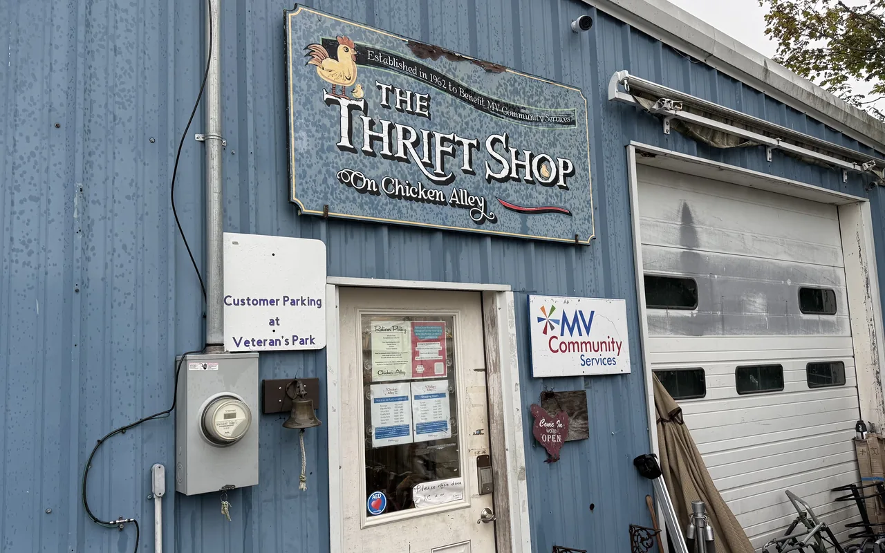 Thrift Shop on Chicken Alley storefront with its painted sign in Vineyard Haven