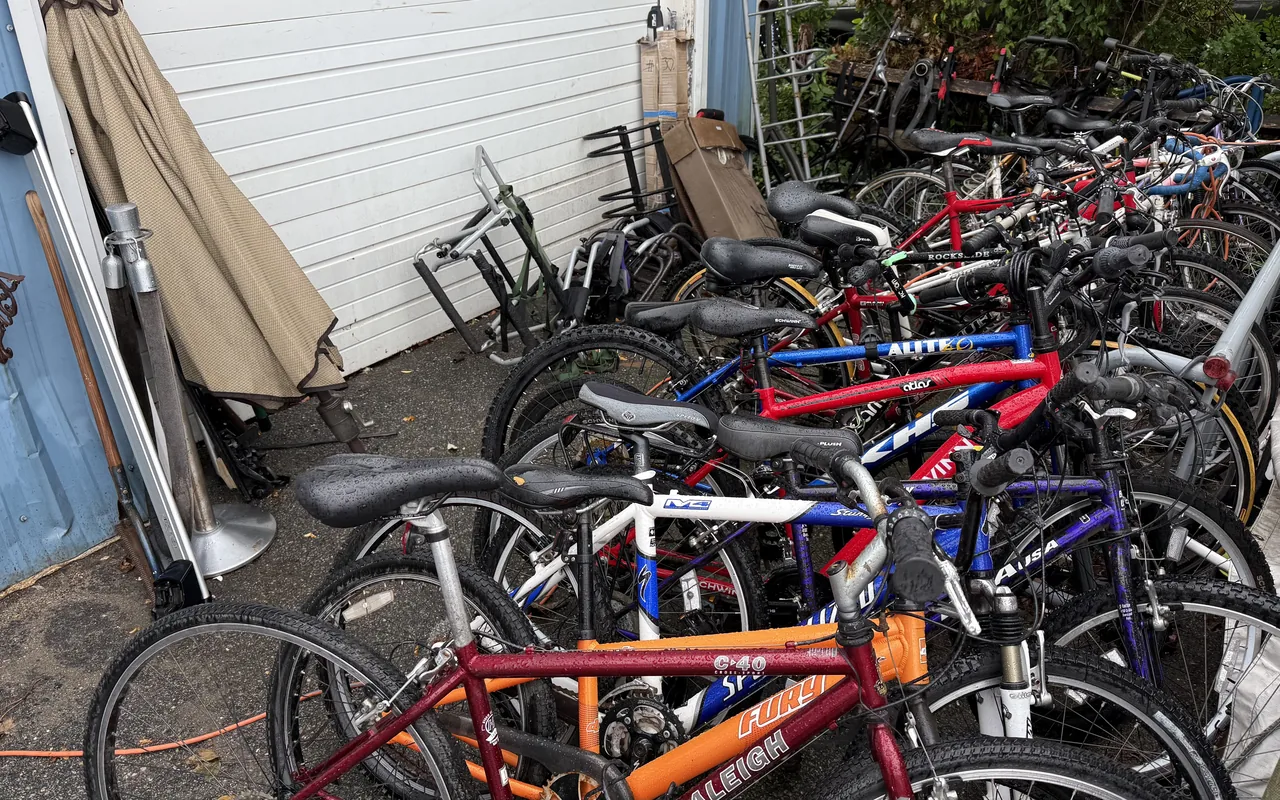 Rows of used bicycles for sale outside the Chicken Alley thrift shop in Vineyard Haven